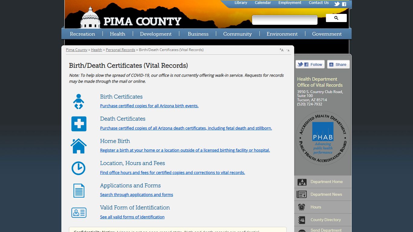 Birth/Death Certificates (Vital Records) - Pima County